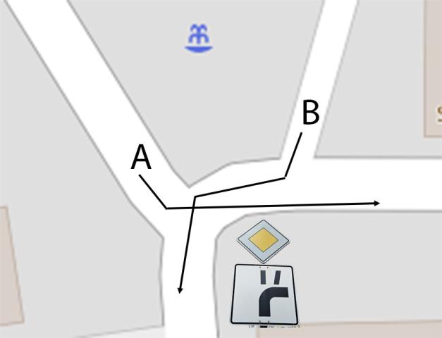 Skizze einer komplizierteren Kreuzung. Abbiegende Vorfahrtsstraße von unten nach rechts. "Oben" münden zwei nicht vorfahrtsberechtigte Straße ein, die eine direkt an der Kurve, die andere etwas nach der Kurve. A kommt auf der Straße direkt in der Kurve und will von sich aus gesehen nach links auf der Vorfahrtsstraße weiterfahren. B kommt auf der zweiten Straße und will nach "unten", die Wege kreuzen sich also. Gefühlt ist B "früher" auf der Vorfahrtsstraße als A.