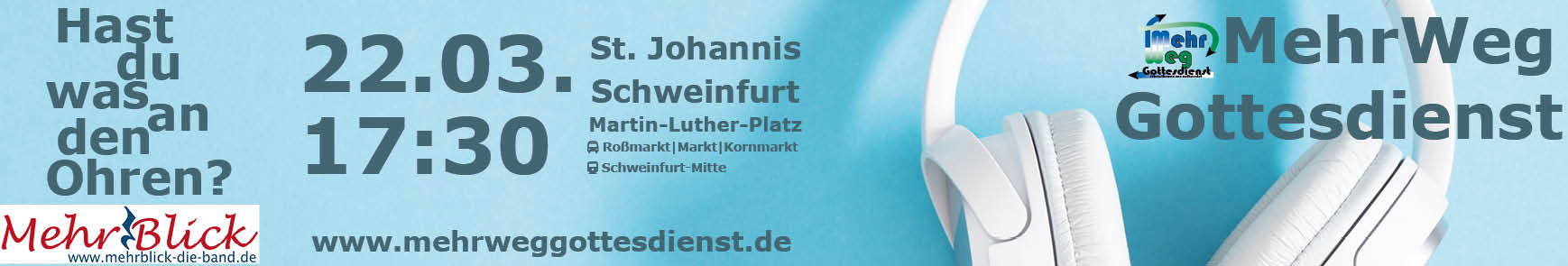 ein weißer Kopfhörer auf hellblauem Hintergrund. Text: Hast du was an den Ohren?