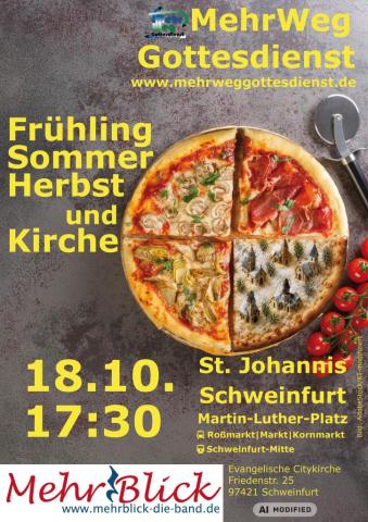 Plakat des MehrWegGottesdienstes am 18.10. mit einer Pizza vier Jahreszeiten, bei der auf dem Winter-Teil viele kleine Kirchen zu sehen sind