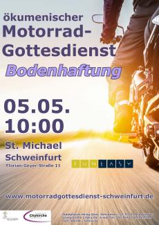 Plakat vom Motorradgottesdienst am 5.5. 10:00. Ein Motorrad fährt Richtung Sonnenauf- oder Untergang.