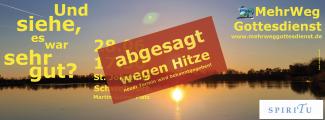 Sonnenuntergang am Baggersee. Die Sonne spiegelt sich im Wasser. Text: abgesagt wegen Hitze - neuer Termin wird bekanntgegeben.